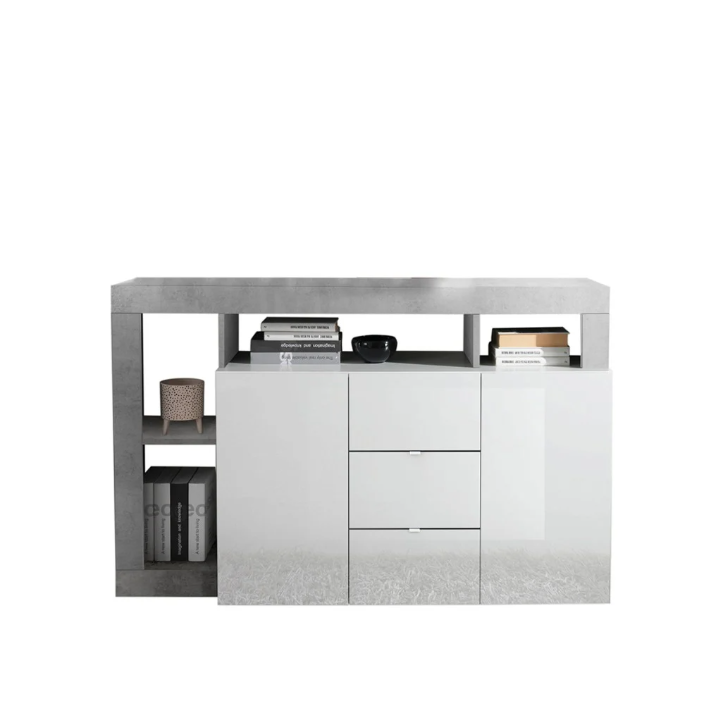 Buffet HAMBURG – Blanc laqué brillant / Béton
